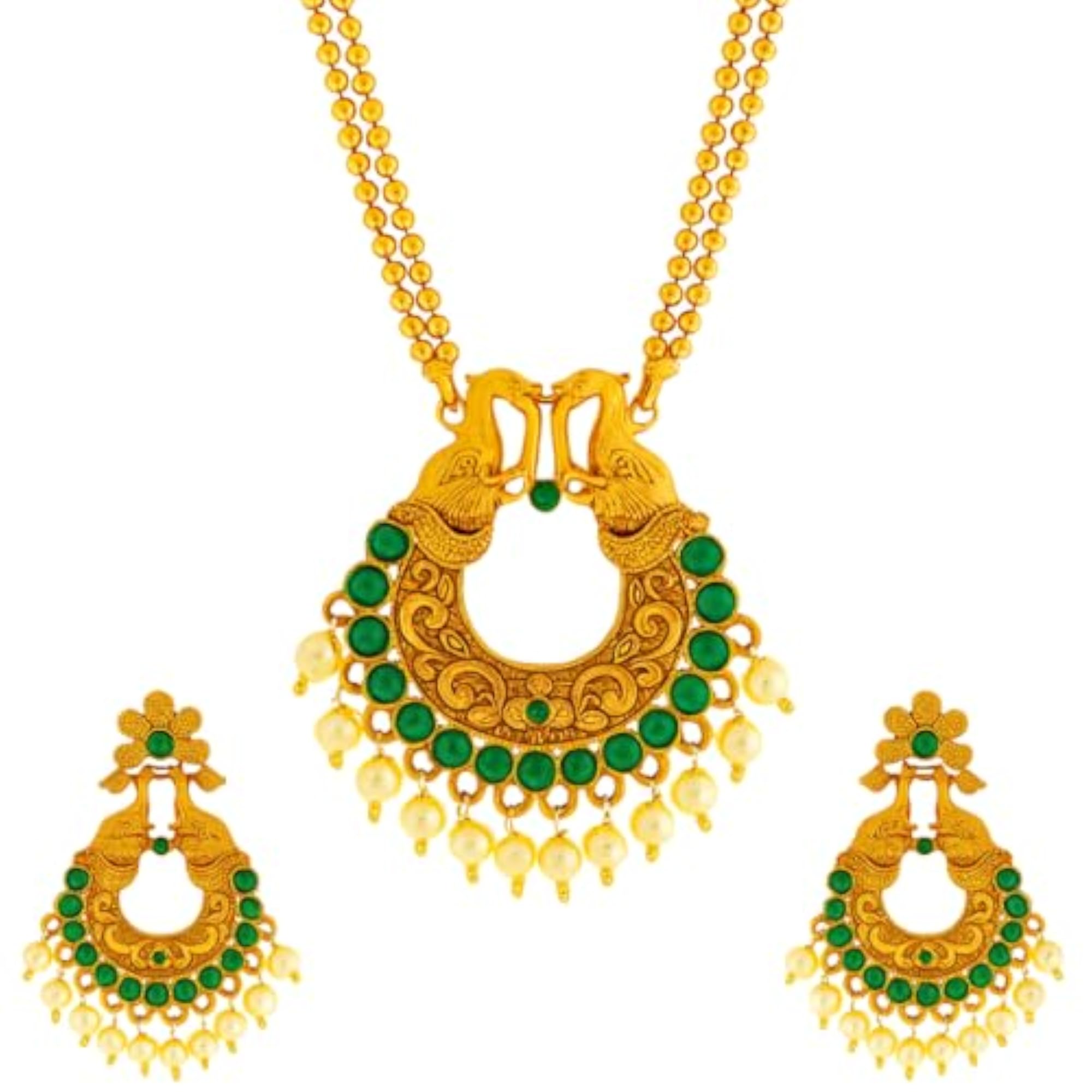 Ethnic Green Stone Stud Drops Necklace, South Indian Style